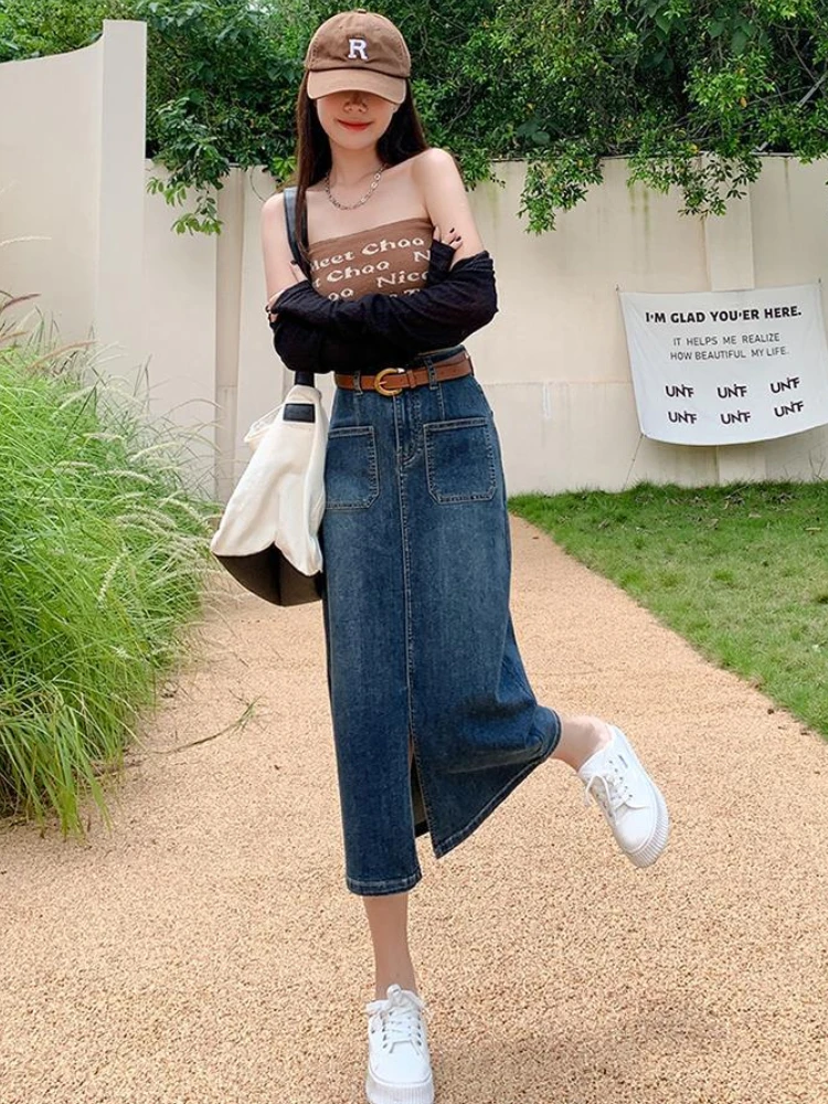 Long Denim Skirt Korean Fashion Skirts Black Long Maxi Denim Skirt