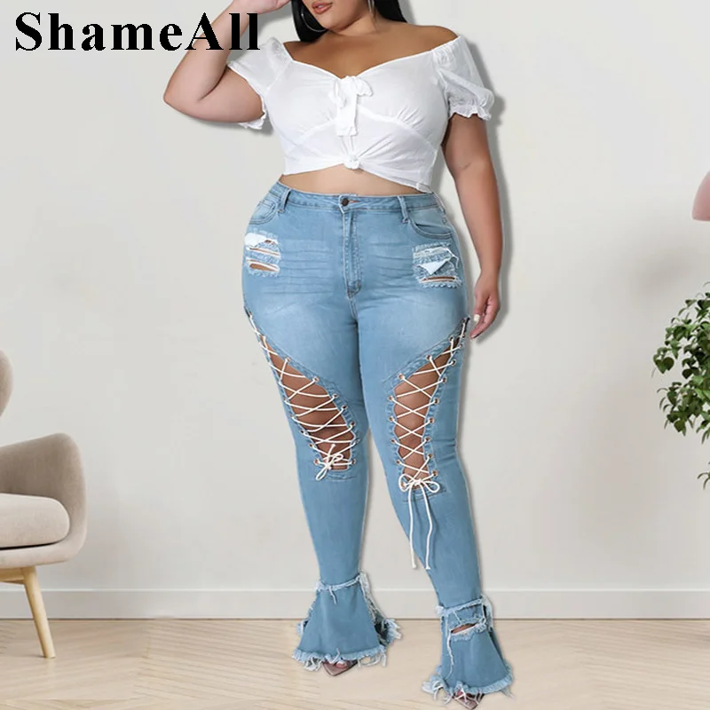 plus-size-streetwear-lace-up-sexy-ripped-skinny-black-flare-jeans-4xl-woman-club-party-high-waisted-stretchy-denim-bell-bottom