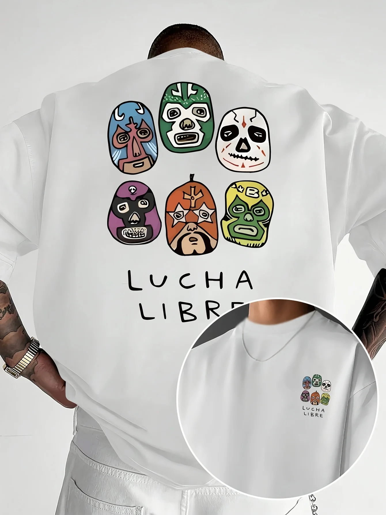 Lässiges Herren-T-Shirt mit kurzen Ärmeln – Mexikanische Ringer-Maske, doppelseitig bedrucktes Herren-T-Shirt im Modetrend „Lucha Libre“ – Detail 8