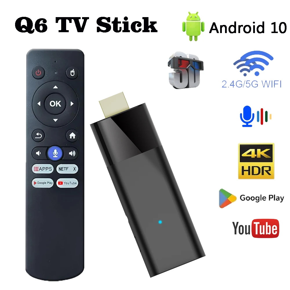 

Q6 Mini TV Stick Android 10 Allwinner H313 Quad Core Cortex A53 2GB 16GB BT5.2 4K Video HDR10 2.4G 5G Dual WIFI Smart TV Box