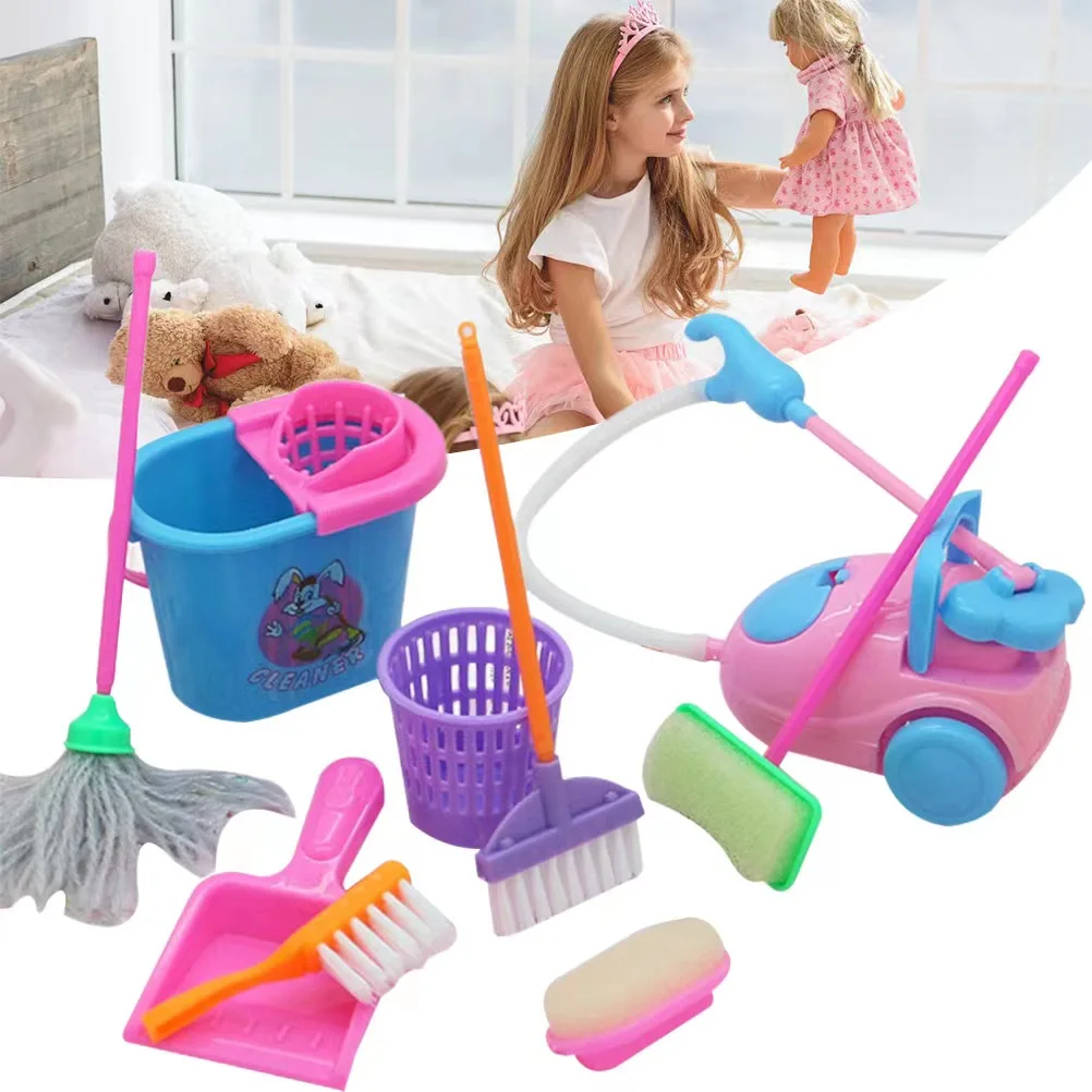 9pcs Set Miniature Mop Dust Cleaner Doll Housework Cleaning Supplies Tools Set Dollhouse Furniture Decoration Doll Accessories