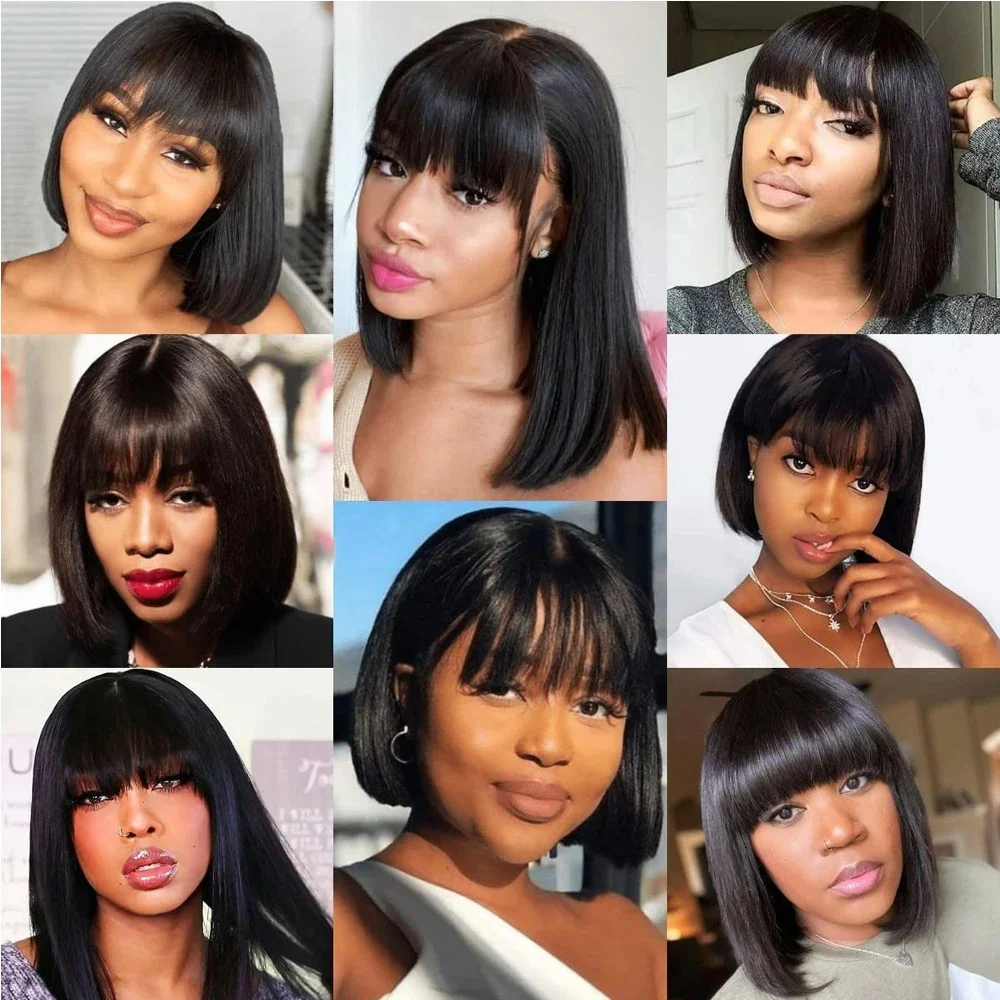 3X1 Middle Part Lace Straight Short Bob Wig With Bangs Human Hair Glueless