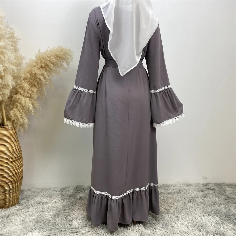 فستان فضفاض للنساء في الشرق الأوسط ، دانتيل أبيض ، أكمام طويلة ، نمط سحاب ، شائع ، مرقع ساخن ، دبي ، تركي ، إسلامي ، موضة جديدة ، رائج