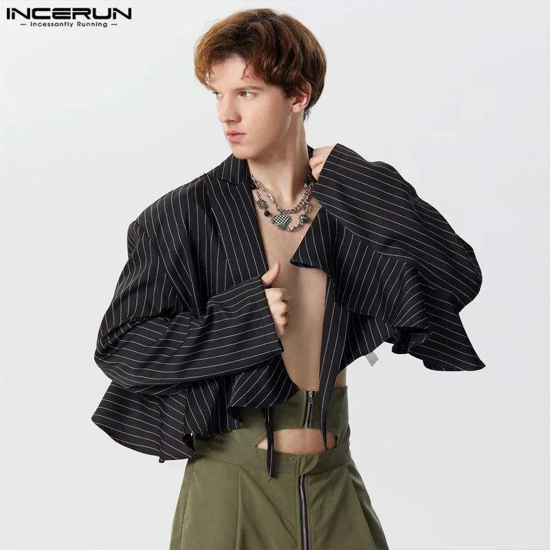 

INCERUN Men's Blazer Striped Lapel Long Sleeve Open Stitch Suits Men 2023 Ruffle Streetwear Fashion Casual Male Crop Coats S-5XL