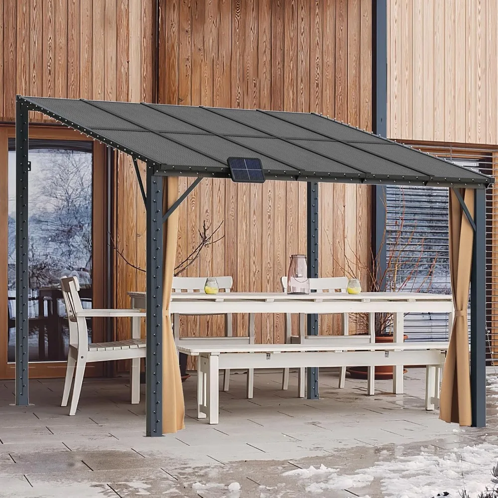 10x10 Outdoor Lean To Gazebo, Wall-Mounted Pergola Gazebo, Hardtop Heavy Duty Pavilion with Metal Frame, Awnings