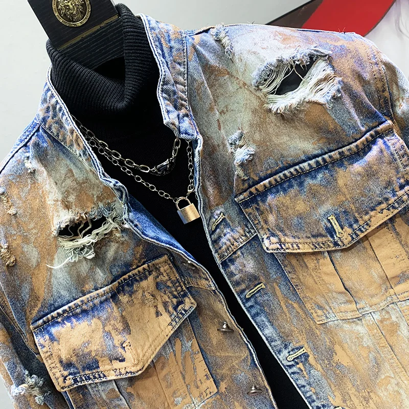 PFHQ Streetwear Male Denim Jackets Set Heavy Industry Worn Out Haute Quality Versatile Raw Edge Avant-garde Jeans Autumn 21Z2929