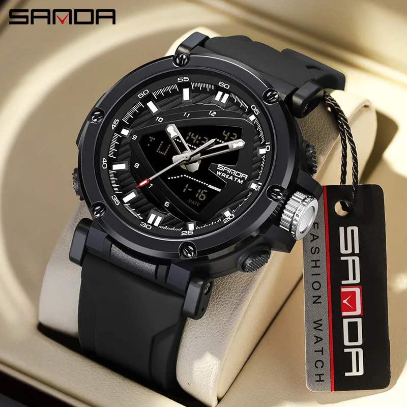 

SANDA 9052 Men's Electronic Watch Leisure Creative Outdoor Luminous Analog Digital Display Silicone Strap Wrist Watches for Male