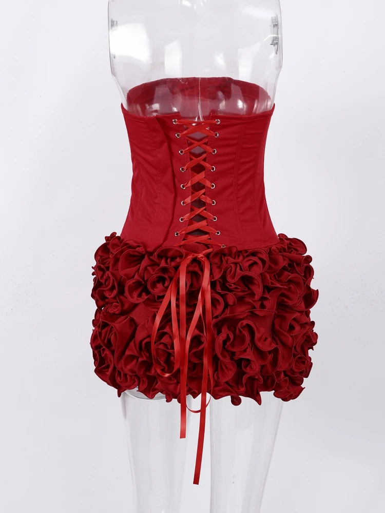 Sexy Red 3D Flowers Dress Suits Women Fishbone Bandage Adjustable Tube Top Flower Mini Skirt Suit Party Club Lady Outfits 2024 5