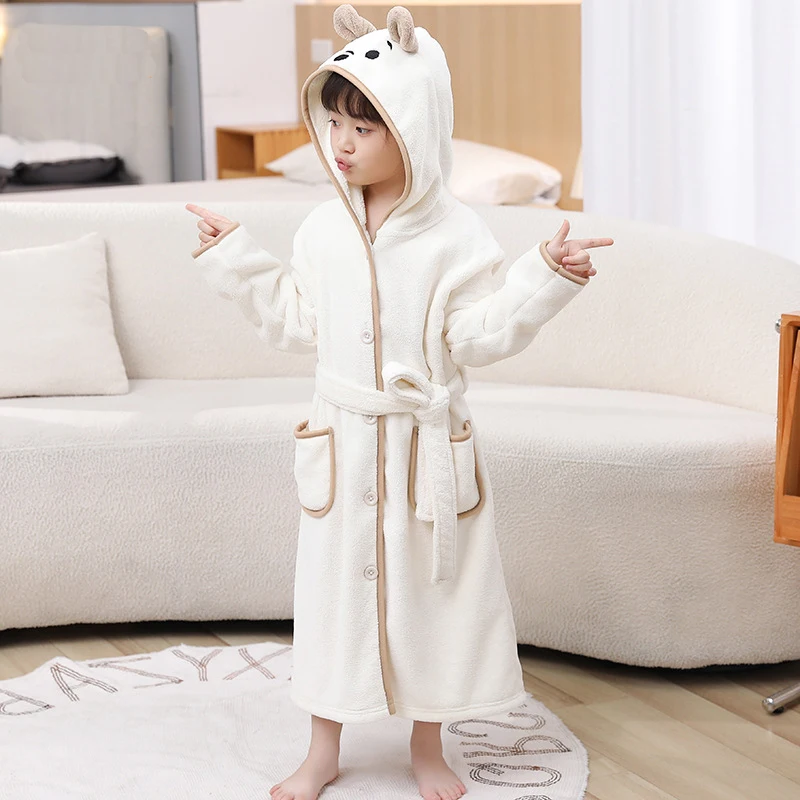 Winter Kids Boys Cartoon Cute Bathrobe Strong Water Absorption Sleepwear Increase and Thicken Hooded Homewear Coral Fleece Robes