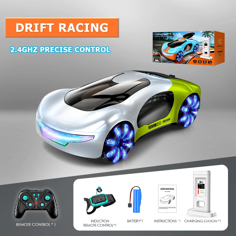 RC-Autos, Spielzeug für Jungen, 2,4 GHz ferngesteuertes Auto mit coolen Lichtern, Musik- und Sprüheffekten, Gestenerkennung, Geschenke für Jungen und Mädchen