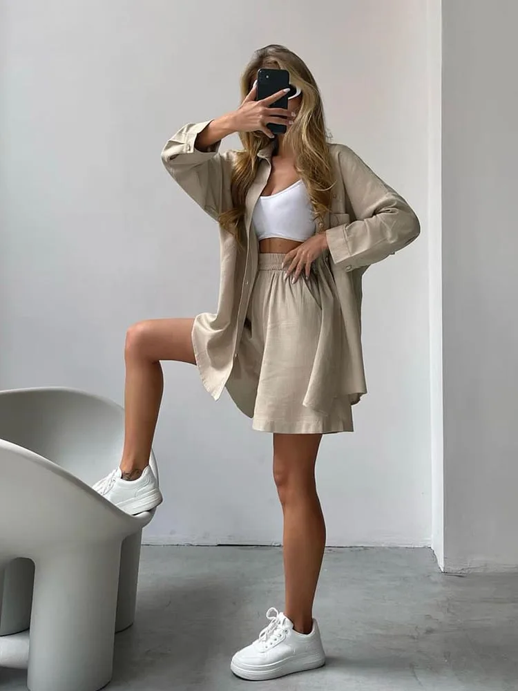 Sommer frauen Anzug Hemd und Kurze Sets Einfarbig Casual Baumwolle und Leinen Bluse und Shorts Zwei Stück Sets frauen Outfit 2023