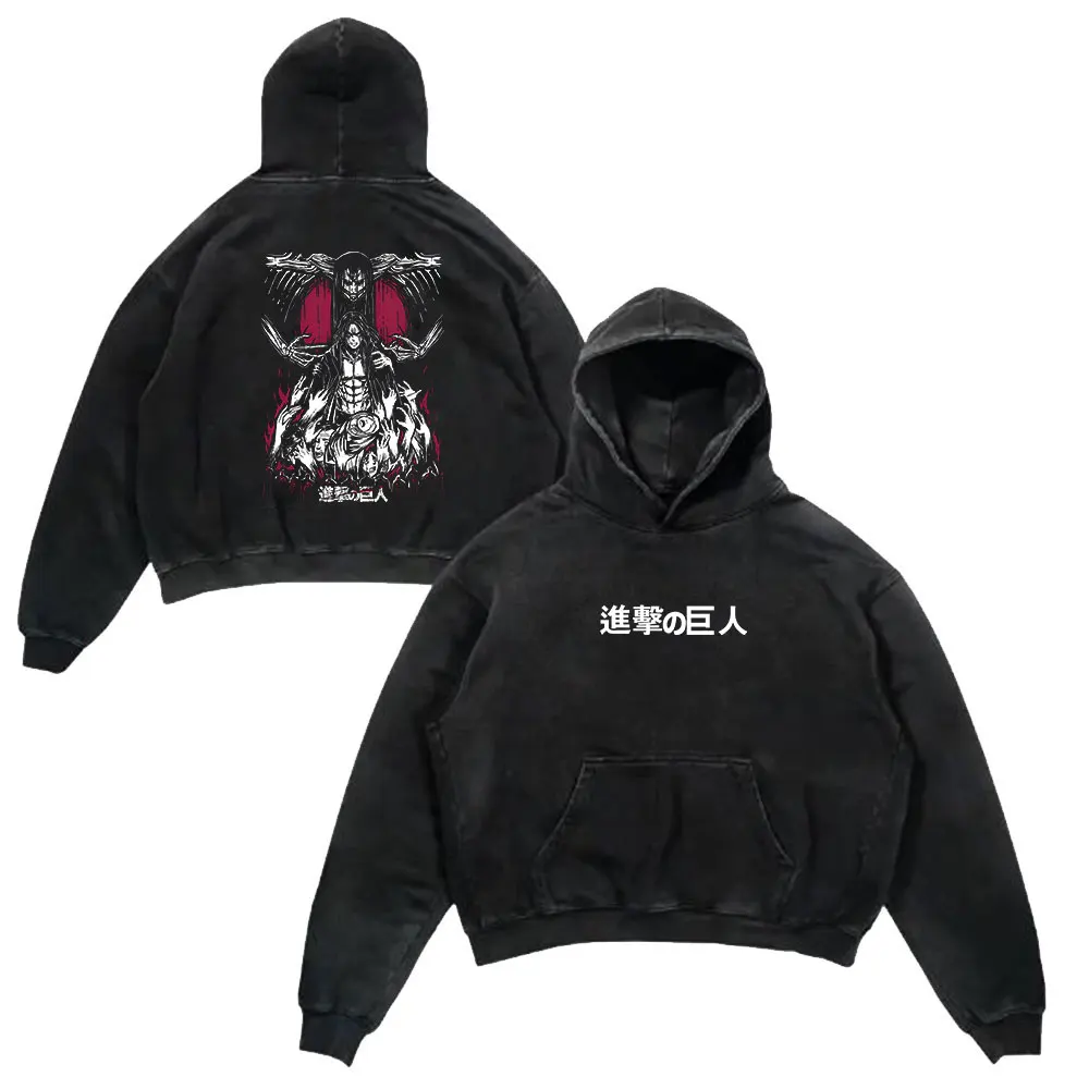 Anime Cotton Washed Hoodies Graphic Vintage Attack On Titan Print Y2K Hooded Sweatshirts Oversized Aesthetic Streetwear Pullover