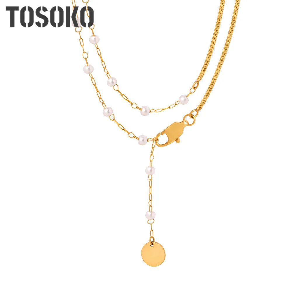 

TOSOKO Stainless Steel Jewelry Double Layered Snake Bone Chain High Gloss Shell Bead Clip Necklace BSP1632