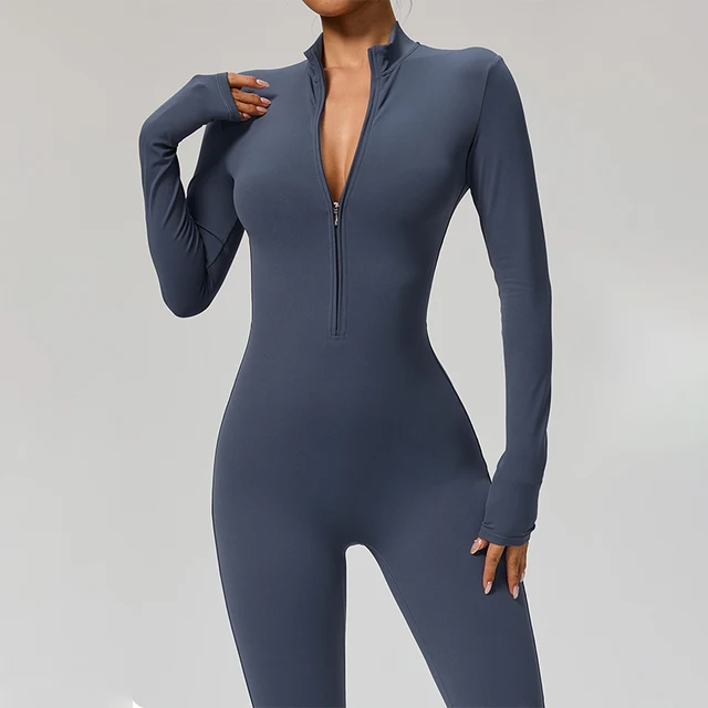 TRY TO BN Women's Jumpsuit Long Sleeve Zipper Shapewear Bodysuit Yoga Fitness One Piece Tights Gym Clothing Mono Deportivo Mujer