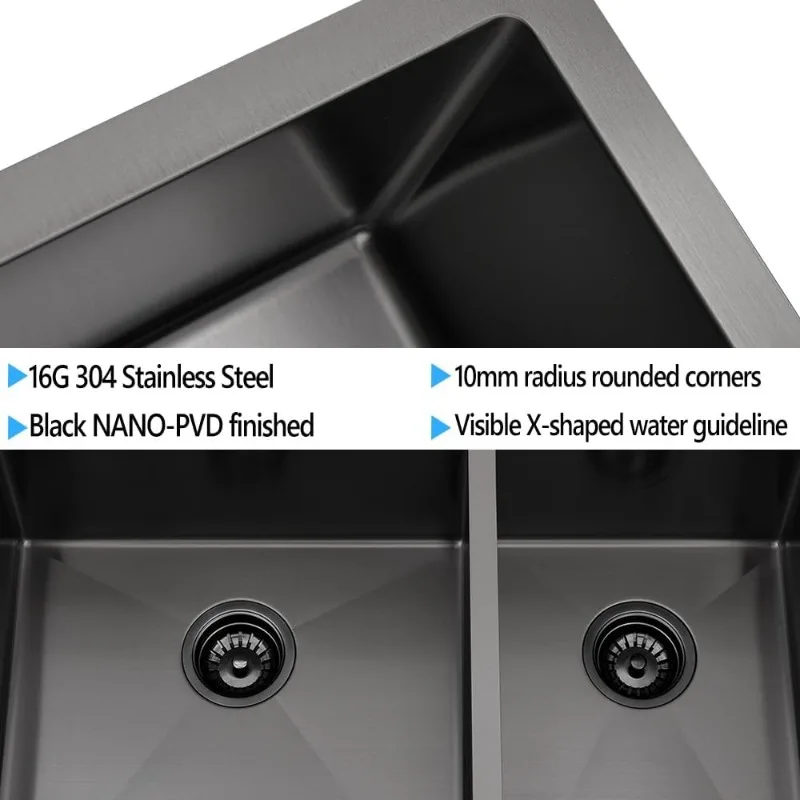 33x22 Black Drop In Double Bowl 60/40 Kitchen Sink, 33 Inch 16Gauge Black Drop In 60/40 Double Bowl Kitchen Sinks 4
