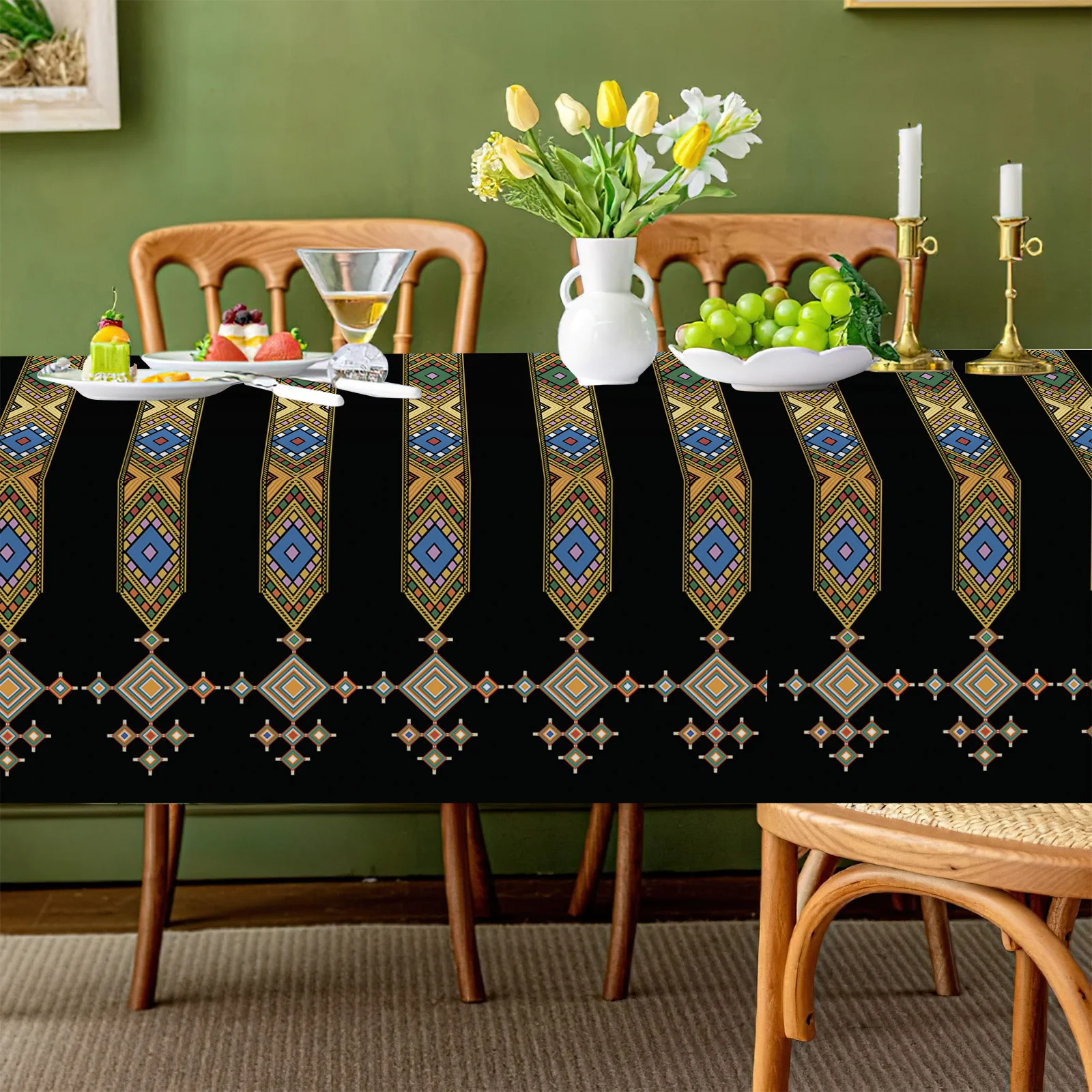 Custom Luxury Eritrean Ethiopian Tablecloth Table Cover Waterproof Oilcloth Rectangular for Dining Coffee Kitchen Living Room