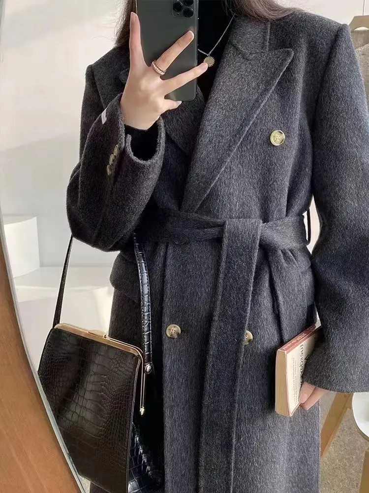 

High End Belt Design Wool Double Breast Coat for Women Solid Lapel Long Sleeve Straight Loose Luxury Overcoat New Winter B183