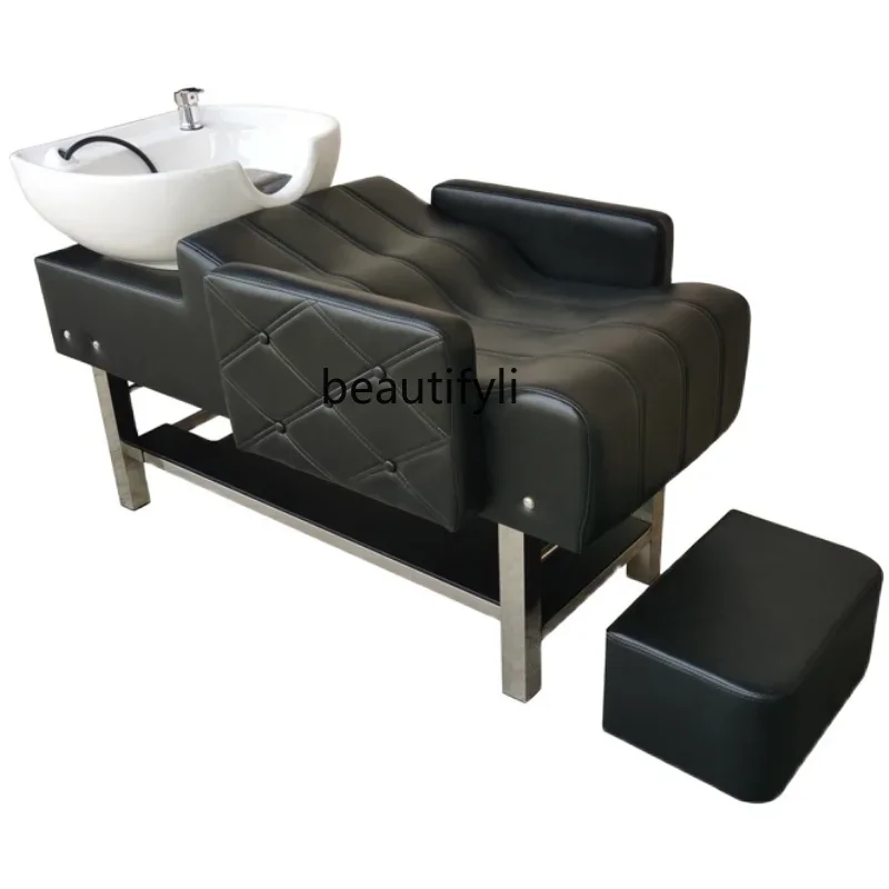 Hair Saloon Dedicated Lying Half Ceramic Basin Flushing Bed Stainless Steel Tripod Shampoo Chair high grade shampoo chair stainless steel massage shampoo dedicated ceramic basin lying half flushing bed