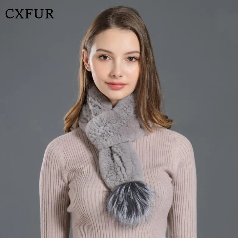 

Europe Fashion Knit Scarf Genuine Rex Rabbit Fur Scarves with Fox Fur Pompom CX-S-03G