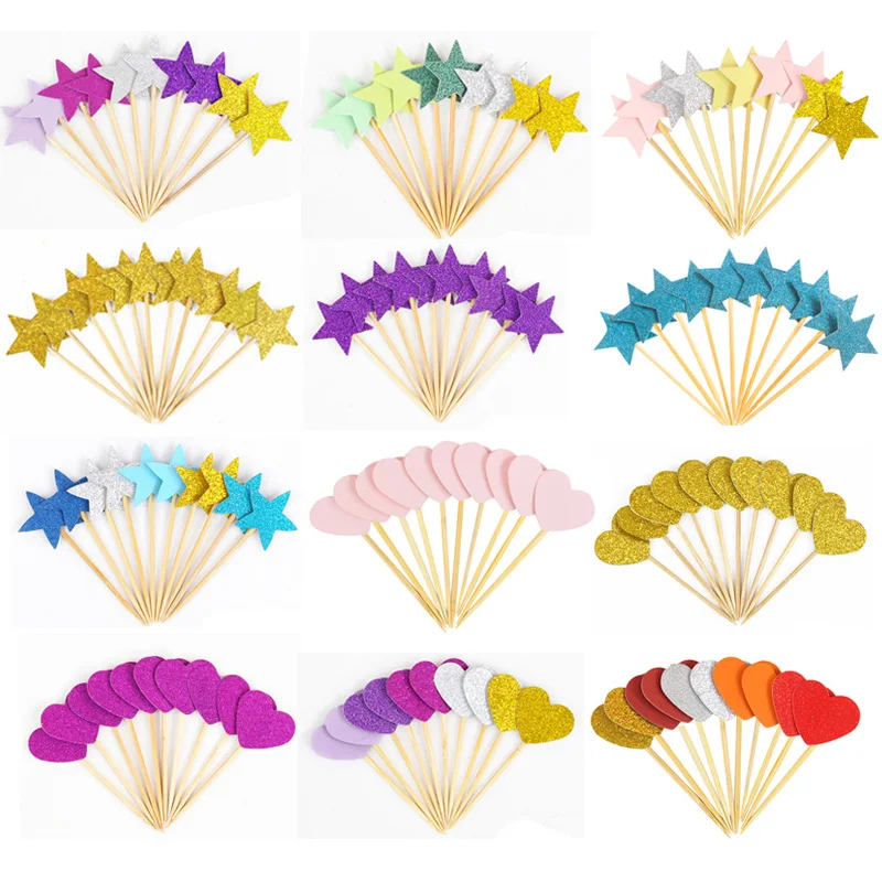 

20pcs Golden Glitter Heart Star Cupcake Toppers for Baby Shower 1st Birthday Party Decorations Kids Wedding Supplies Cake Topper