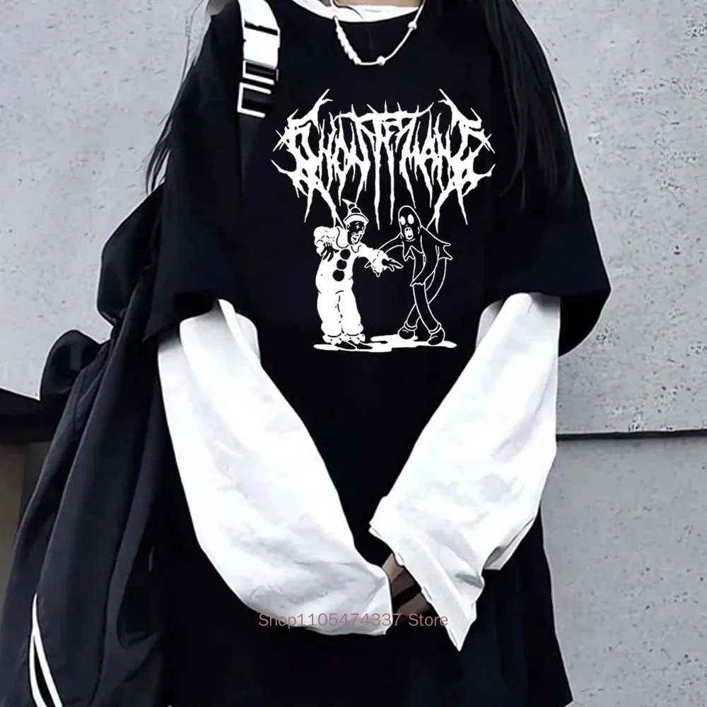 Damen Gothic Y2K Muster-Print Fake Two Langarm-T-Shirts Mode Retro Lässig Locker Hip Hop Fake Two Langarm-T-Shirt