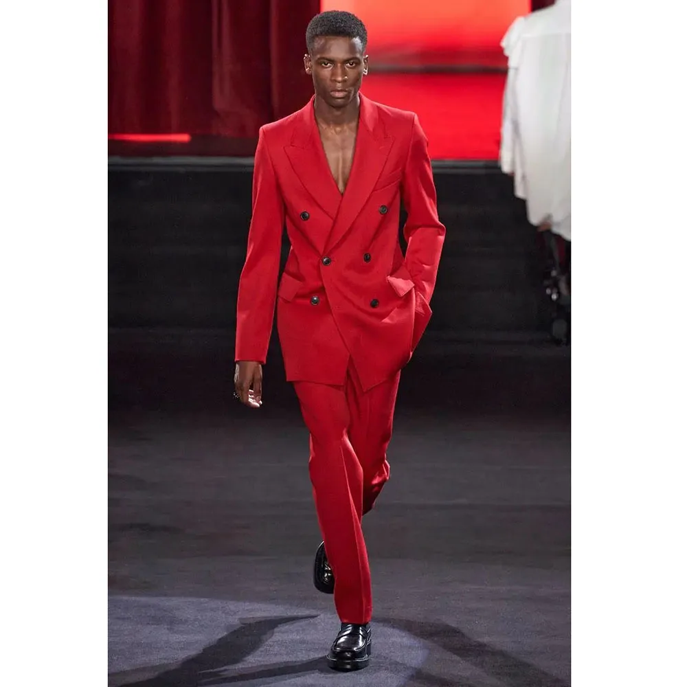 

Мужской комплект из 2 предметов, красный двубортный пиджак с лацканами, элегантный повседневный костюм для свадьбы, брюки на плоской подошве, 2024