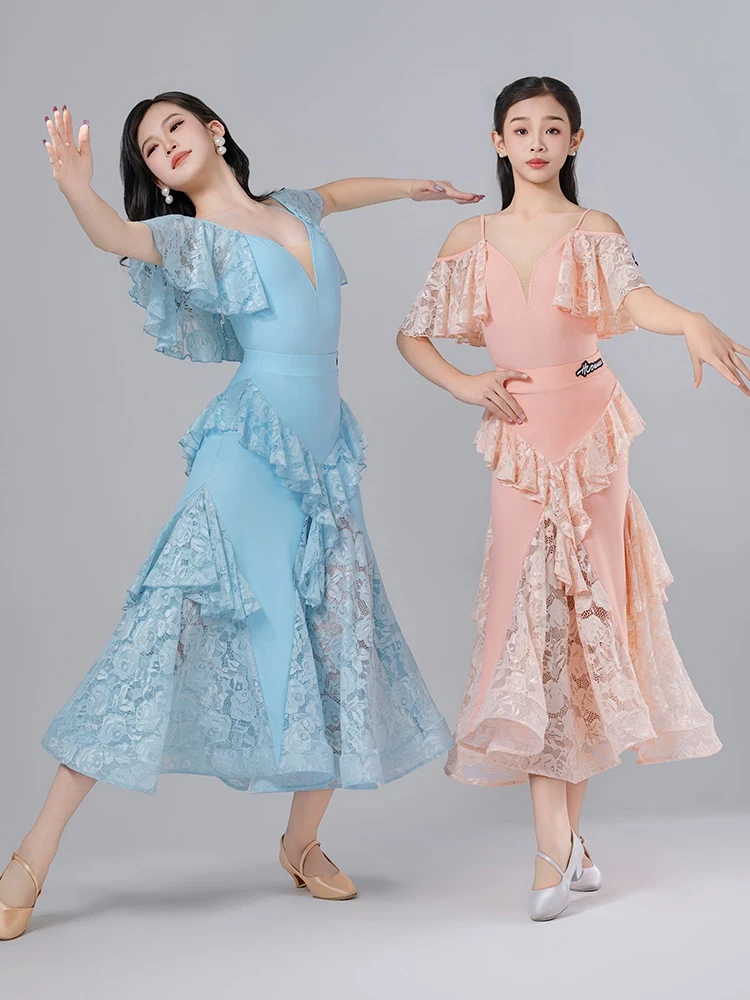 Ballroom Dance Dress For Girls V-Neck Lace Performance Costumes Children Waltz Modern Dance Competition Clothing DQS15695
