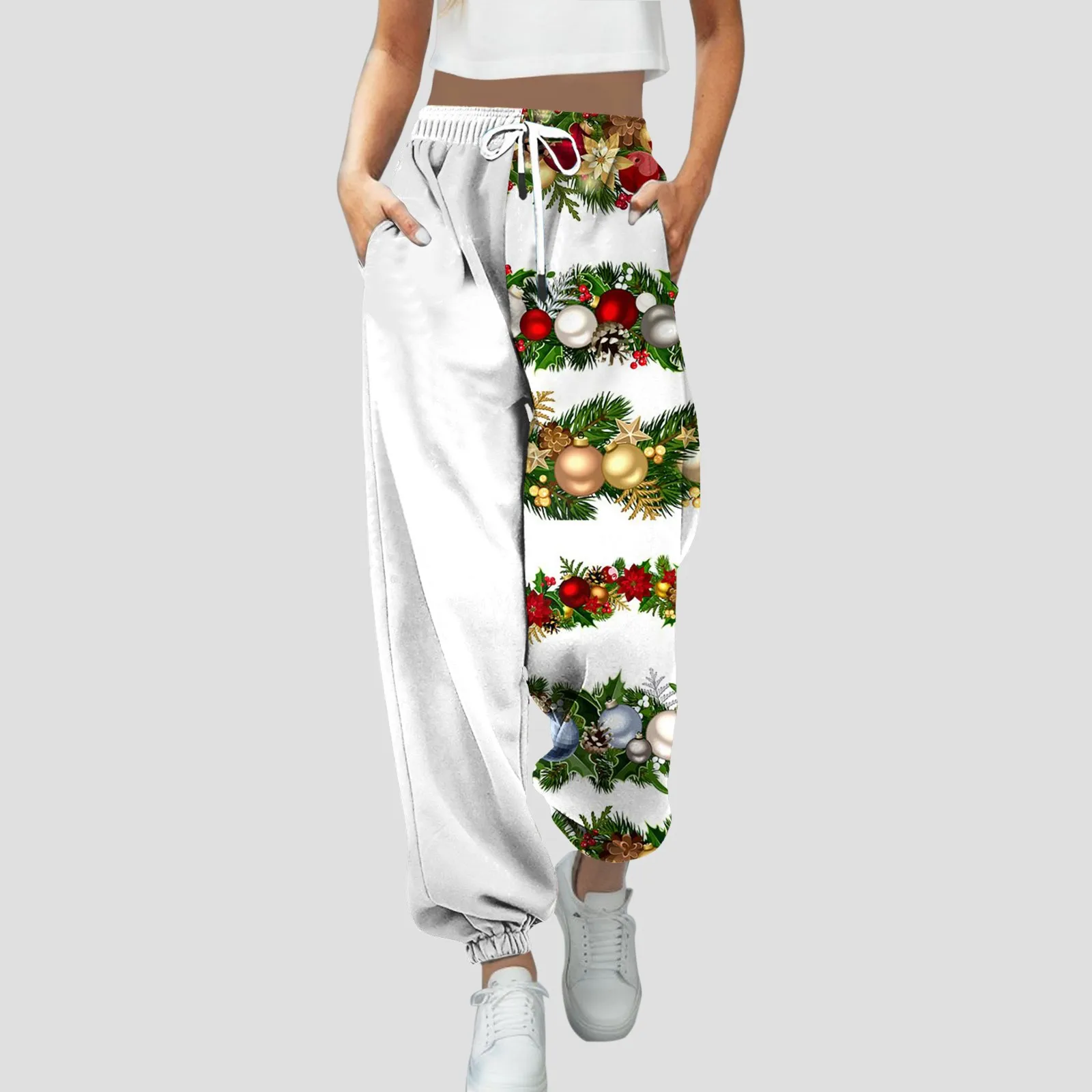 

Женские рождественские Брюки с графическим принтом, Свободные повседневные брюки с карманами, свободные прямые широкие штаны, спортивные брюки с высокой талией