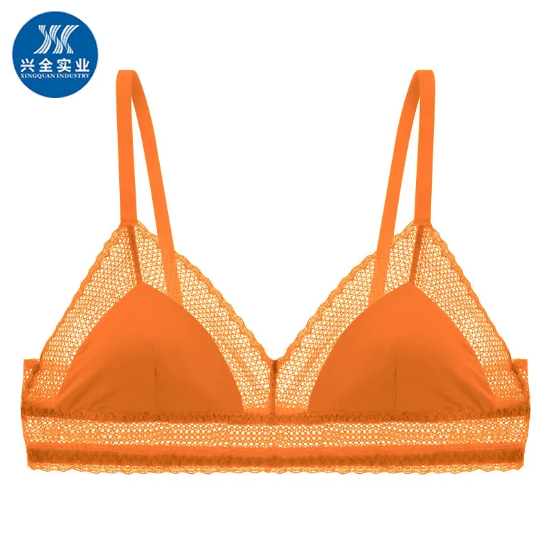 

French rimless underwear Europe and America sexy ladies triangle bra bralette soft cup openwork yarn 66000