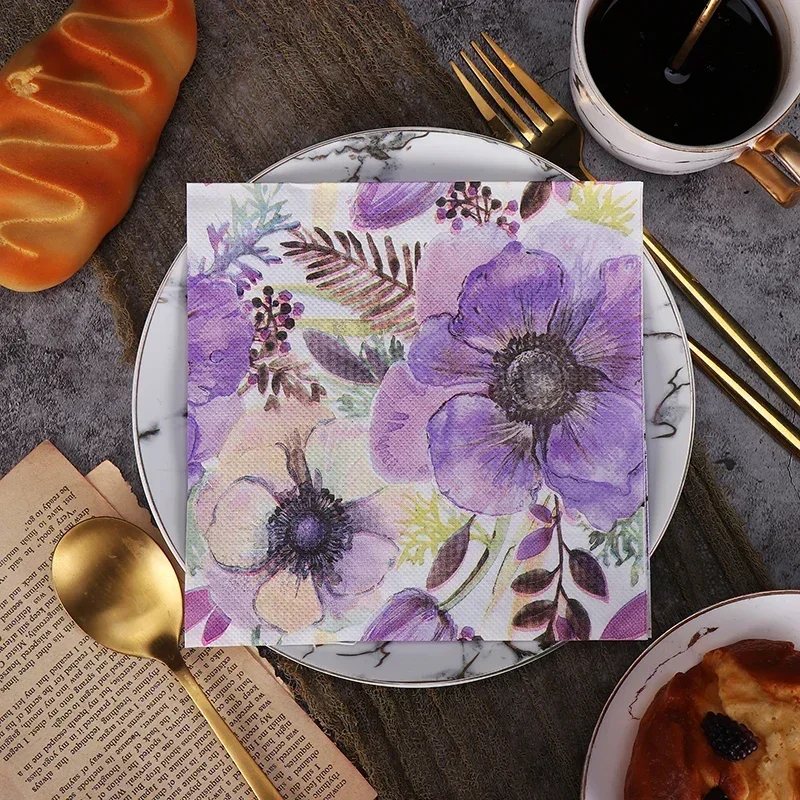 Purple Flowers Napkins Colourful Printed Paper Napkin Wedding Decoration Paper Placemat 20pcs Birthday Party Decoration Tissue