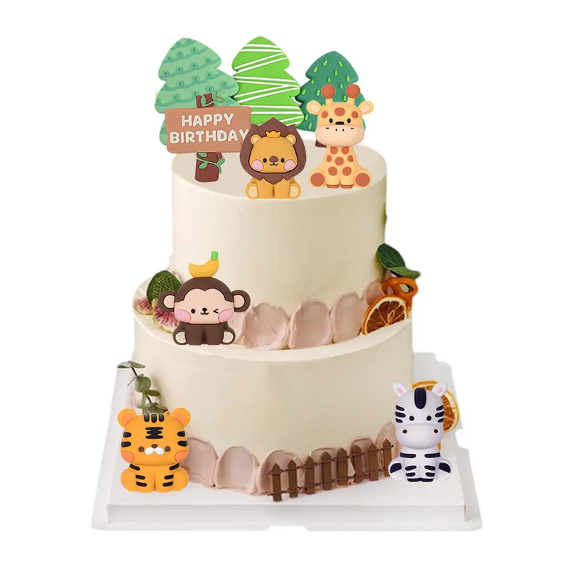 

1piece Cake Decoration Animal Topper Happy Birthday Baby Shower Jungle Party Cake Decoration Soft Rubber Lion Elephant Tiger