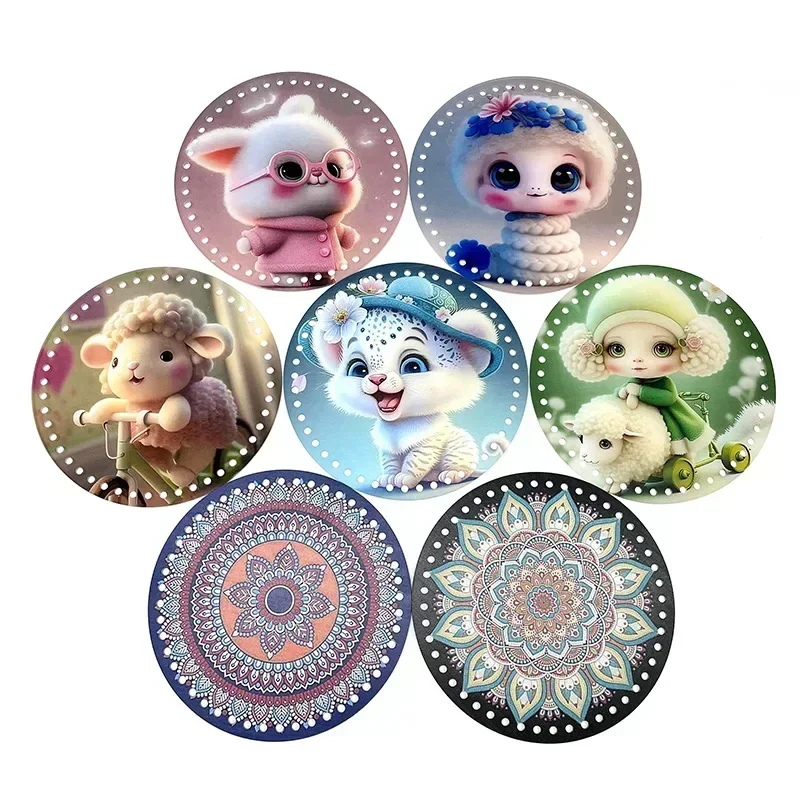 18cm Flat Round Acrylic Bag Weaving Board Mandala Flower Pattern Bag Cushion Base Bottom Pad for DIY Knitting Crochet