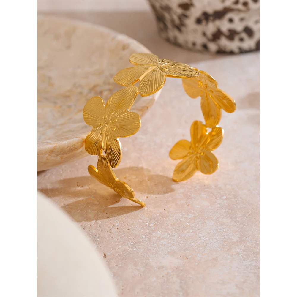 Yhpup Stainless Steel Waterproof 18K Golden Plated Flower Cuff