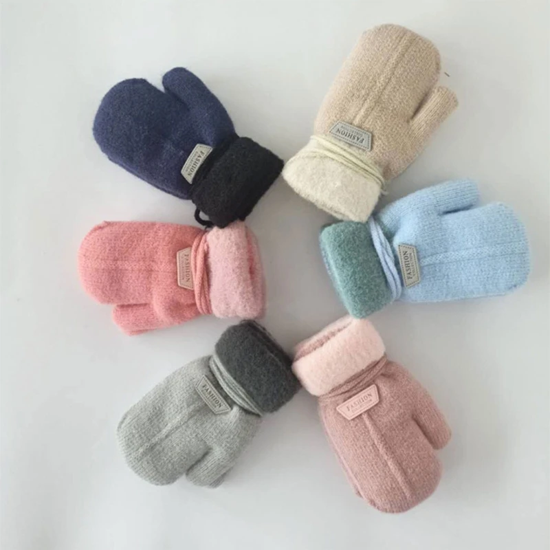 

Children's Gloves Winter Solid Thicken Velvet Halter For Kids Toddler Outdoor Keep Warm Knitted Mittens With Rope