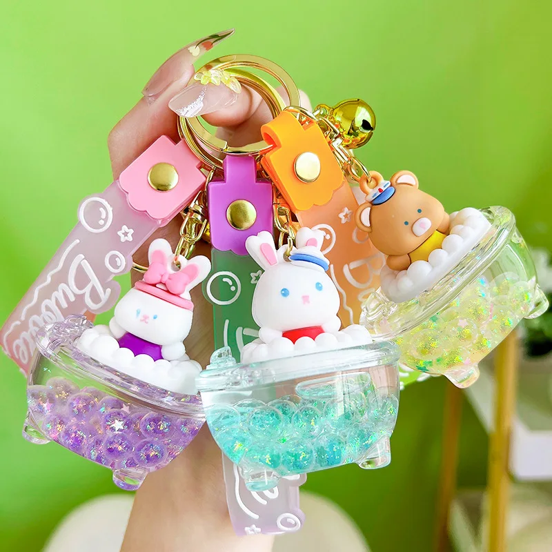 Exquisite Floating Bathtub Bottle Keyring Liquid Quicksand Rabbit