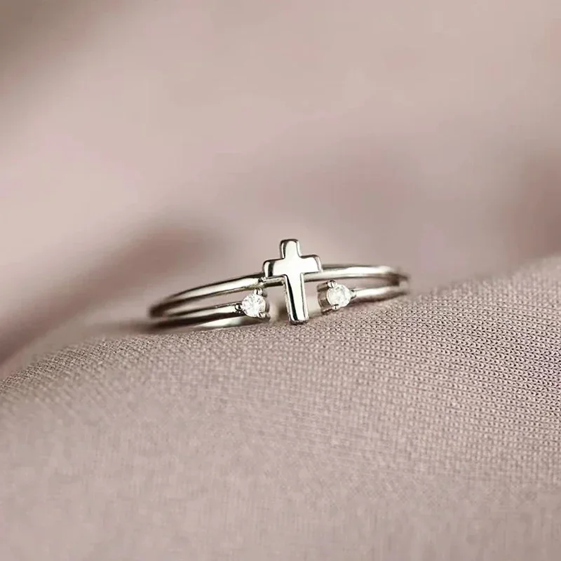 Silver Color Cross Ring Female Fashion Finger Jewelry Bright Cubic Zirconia Accessories for Daily Wear silver ring wedding rings finger rings womens ring jewelry rings ring jewelry signet ring cross rings round rings cross jewelry