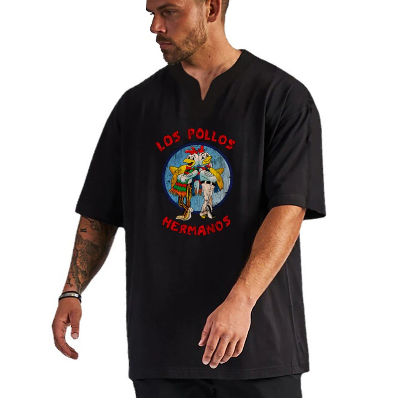 

Мужская хлопковая футболка с коротким рукавом, V-образным вырезом и спущенными плечами