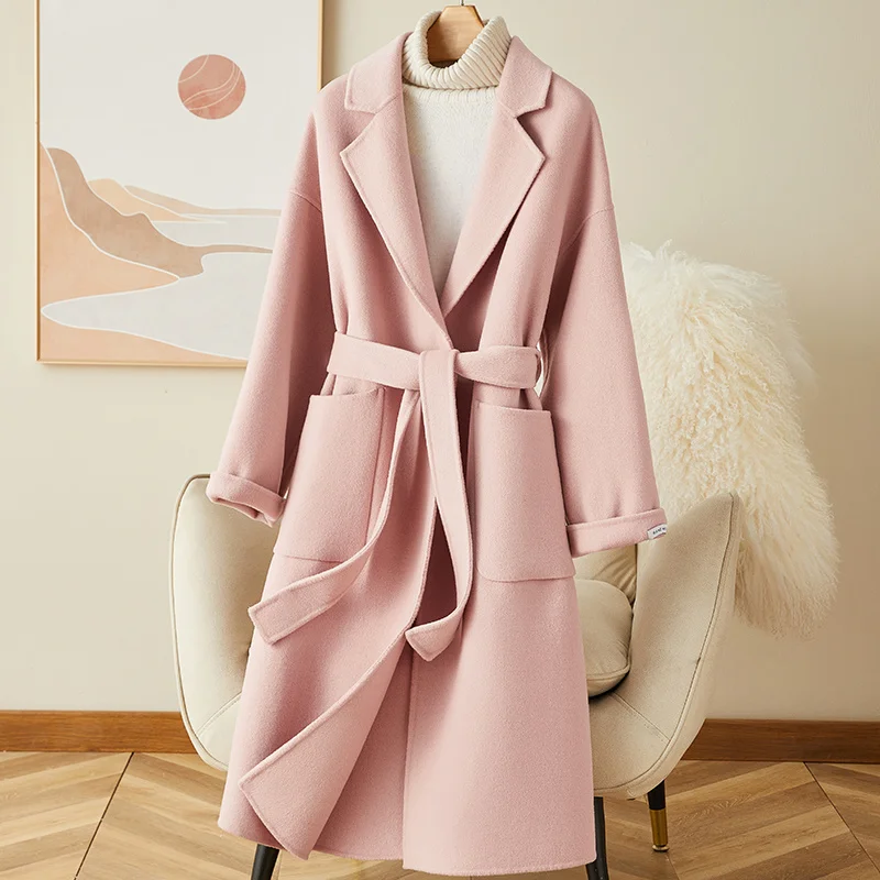 

2023 Autumn/Winter Pink Double sided Cashmere Coat Women's Mid length High end 100 Pure Wool Coat Hepburn Style