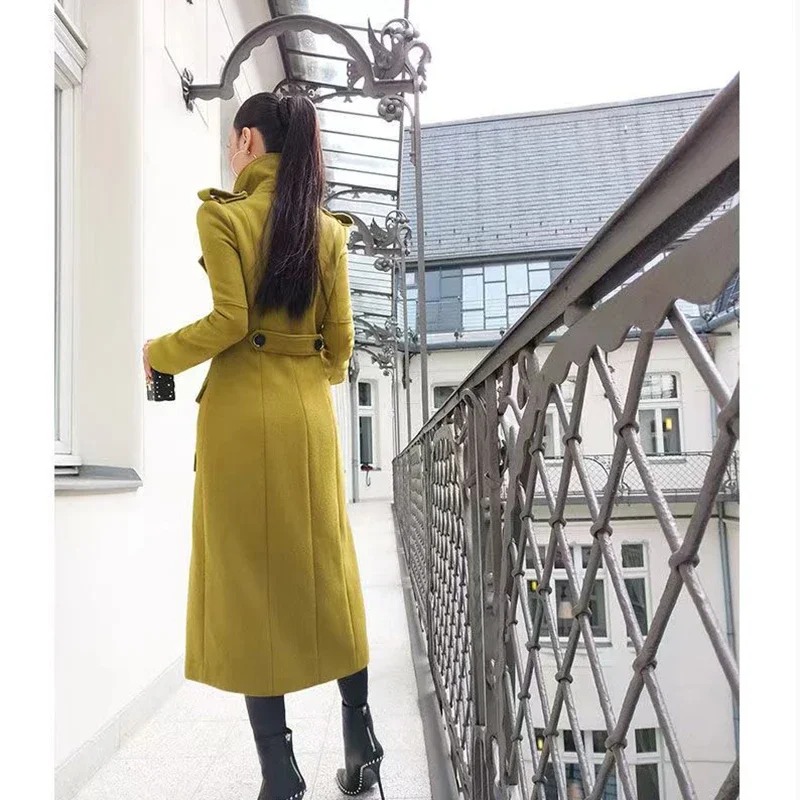 2023 Autumn And Winter New Women\'s Slim Mid-Length Coats  Army Green v-Neck Lady Coat Thickened Wool Women Jacket