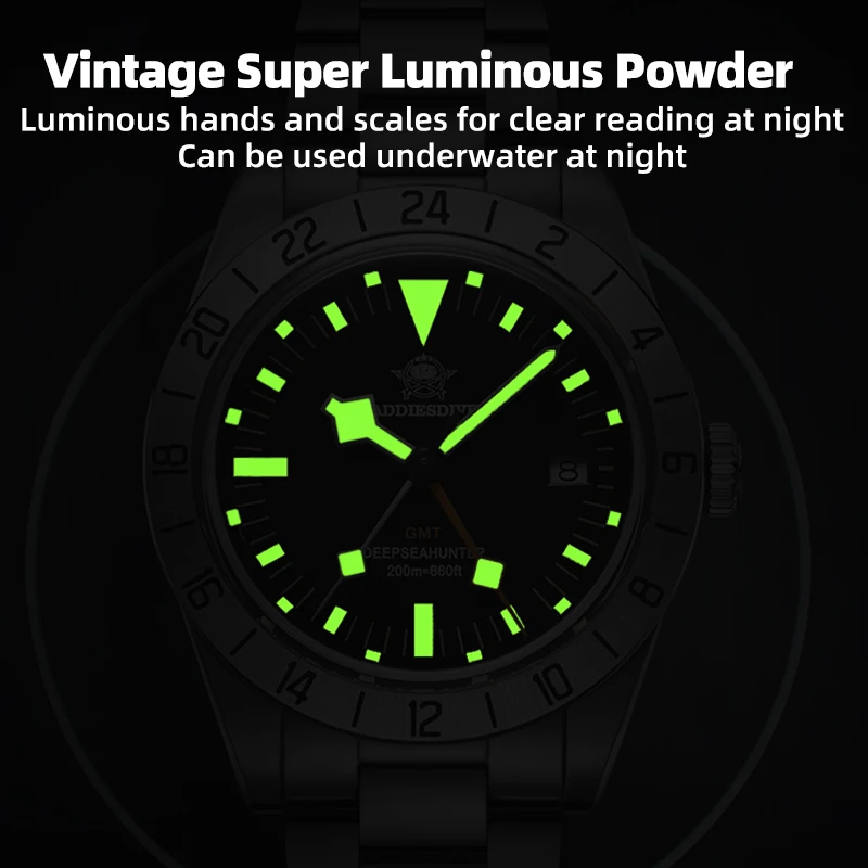ADDIESDIVE New Luxury 39mm Men's Watches 200M Water Resistant Luminous Stainless Steel Bubble Glass GMT Quartz Watches for Men