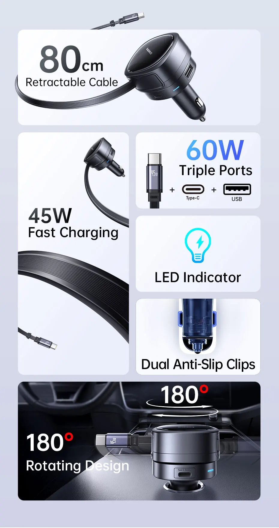 60W Car Charger 45W Retractable Cable 3 Ports Fast Charging 180° Rotating Car Ph