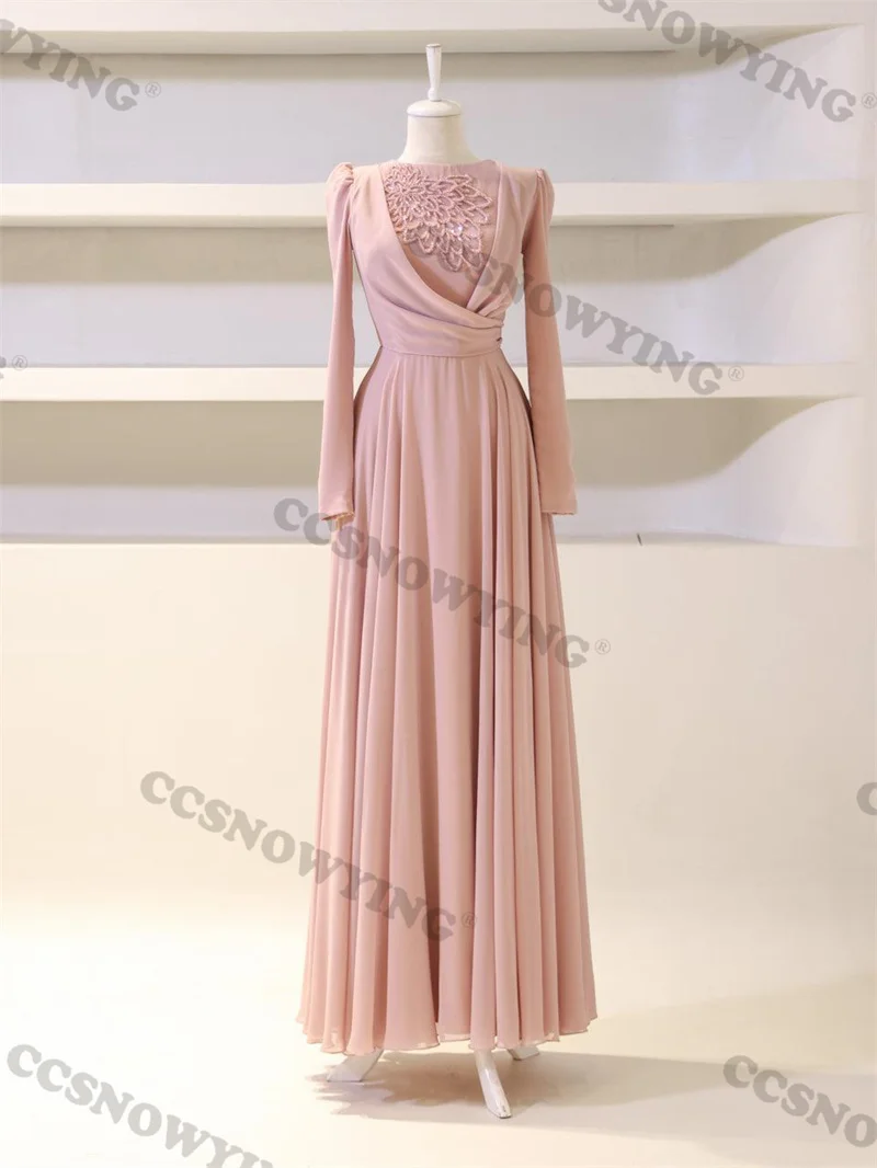 

Chiffon Appliques Hijab Muslim Evening Dresses Long Sleeve Islamic Women Formal Party Gown Arabic Dubai Robes De Soirée