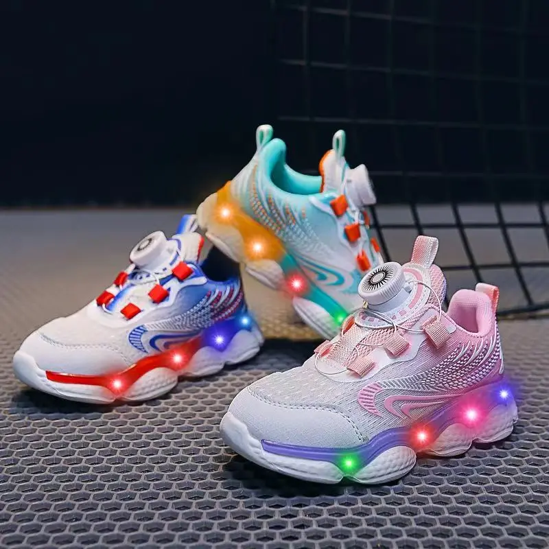

Children's Breathable Mesh Shoes Thin Night Glow Shoes Autumn New Boys and Girls Lightweight Button Sports Casual Shoes