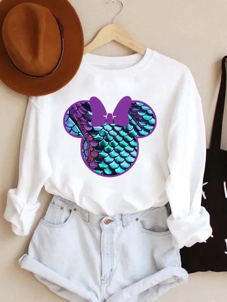

Autumn Spring Fashion Print Mouse Ear Pullovers Holiday Cartoon Bow Style Trend Mermaid Women Casual Female Graphic Sweatshirt