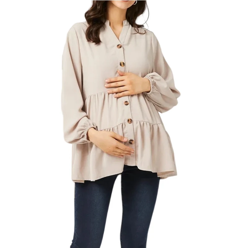 Women's Solid-colored V-neck Long-sleeved Maternity Nursing Top Cotton Comfortable Pregnant Women Spring Autumn maternity tops