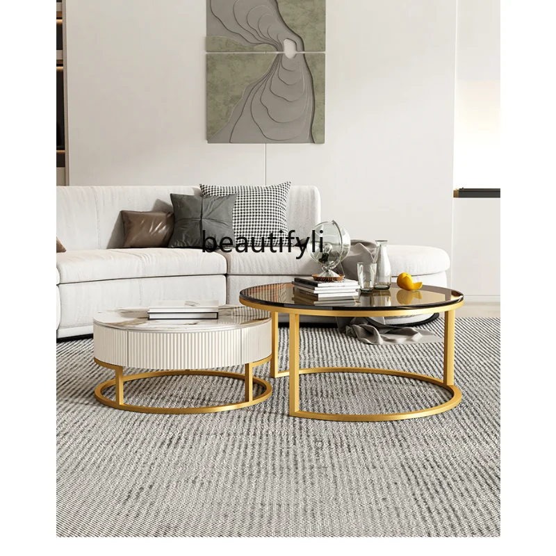 

Light Luxury round Tea Table Simple Modern Glass Tea Table Living Room Home Small Apartment Stone Plate Tea Table coffee table