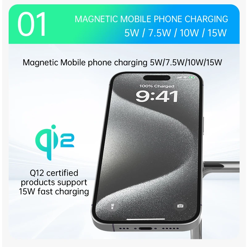QI2 3 in 1 Magnetic Wireless Charger for iPhone 17 16 15 14 13 12 Fast Charging Station for Apple Watch 11-2 Airpods 2 3 4 Stand