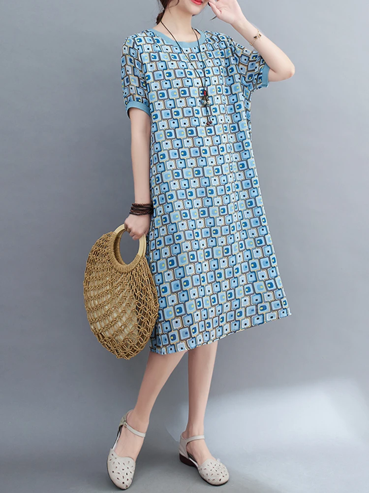 

2023 Summer Fashion Elegant Print Brief Short Sleeve Chiffon Dress Women Casual Vintage Loose Woman Dresses Ladies Clothing
