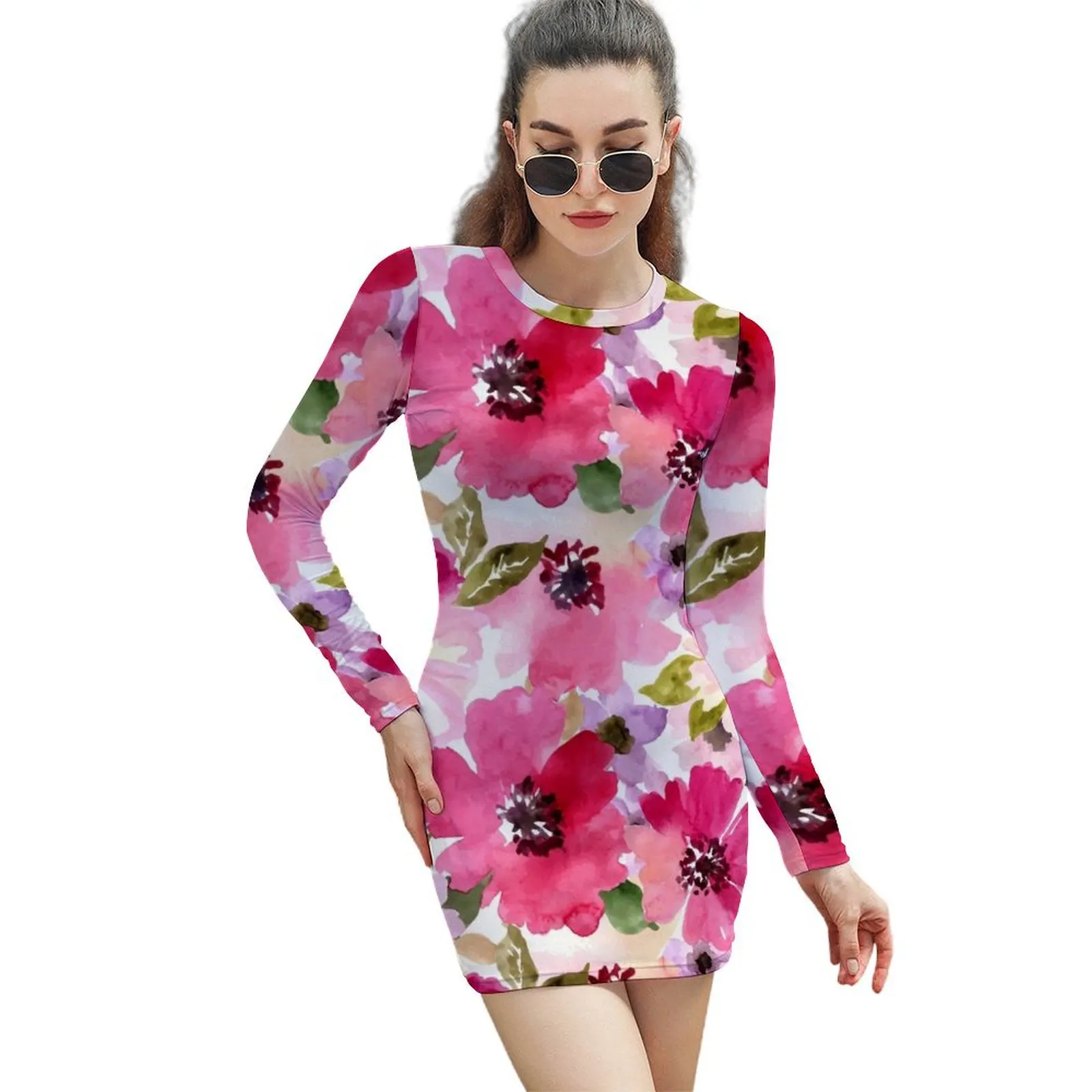 

Watercolor Flowers Pink Fuchsia Long-Sleeved Sheath Dress sexy dress for women dress for woman womens