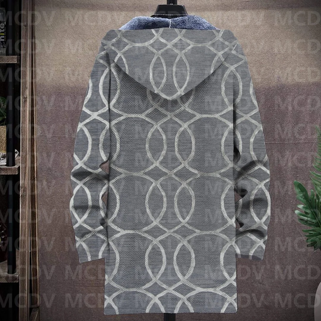 Men's Retro Pattern Print Plush Thick Long-Sleeved Coat Fleece Hooded Overcoat Unisex Thick Warm Jacket